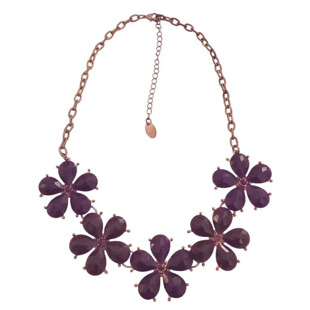 etc! Purple Rhinestone Floral Statement Necklace Gold Tone Chain 18" Adjustable - Picture 1 of 6
